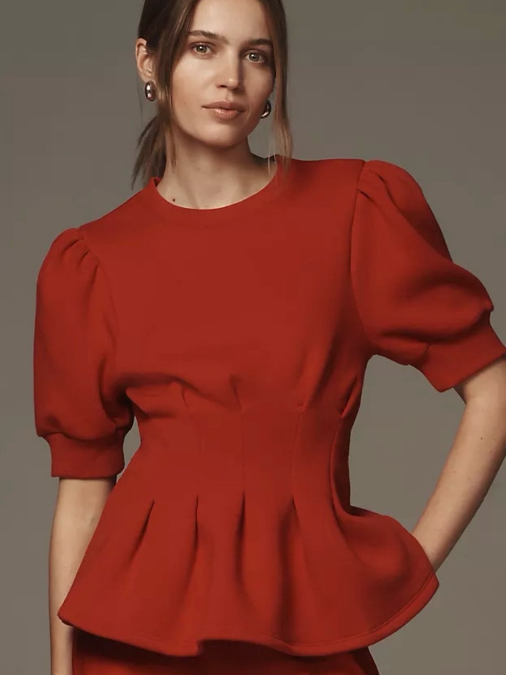 Maeve by Anthropologie Red Puff Sleeve Pleated Peplum Top Sweatshirt Size Medium